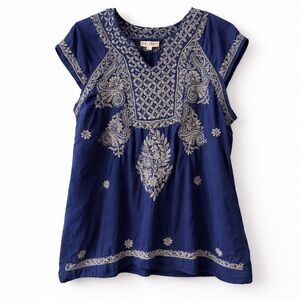 Fettish Navy Blue Embroidered Boho Blouse | Peasant Tunic Top